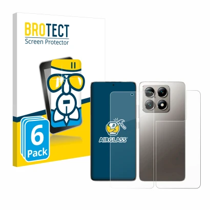 Parte frontal de un envase de producto con el logotipo de la marca BROTECT. Al lado se muestra el dispositivo Xiaomi 14T (Fron