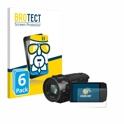 Parte frontal de un envase de producto con el logotipo de la marca BROTECT. Al lado se muestra el dispositivo Panasonic HC-VX3