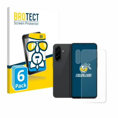 Parte frontal de un envase de producto con el logotipo de la marca BROTECT. Al lado se muestra el dispositivo Samsung Galaxy A