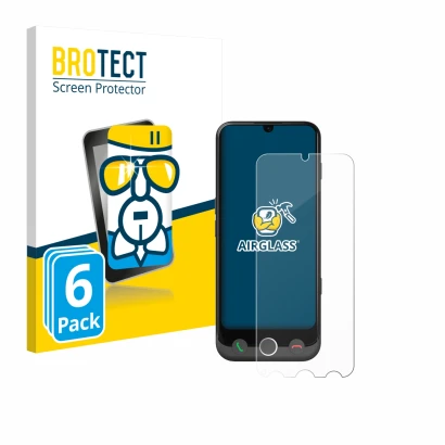 Parte frontal de un envase de producto con el logotipo de la marca BROTECT. Al lado se muestra el dispositivo Doro Aurora A30 