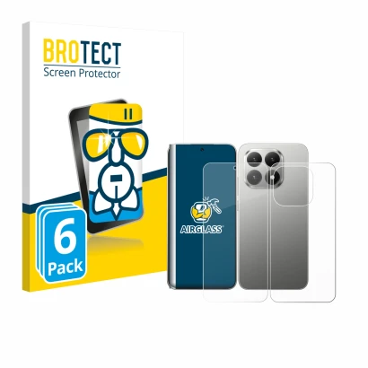 Parte frontal de un envase de producto con el logotipo de la marca BROTECT. Al lado se muestra el dispositivo Xiaomi 15T (Fron