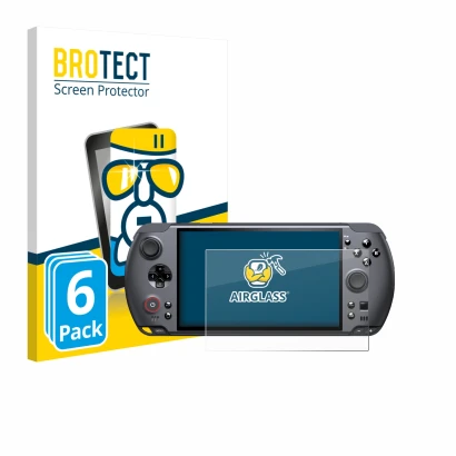 Parte frontal de un envase de producto con el logotipo de la marca BROTECT. Al lado se muestra el dispositivo GPD Win 5 con su