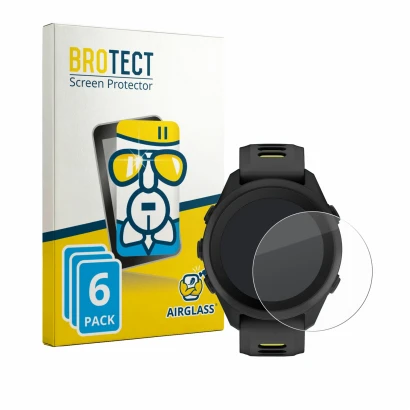 Parte frontal de un envase de producto con el logotipo de la marca BROTECT. Al lado se muestra el dispositivo Garmin Forerunne