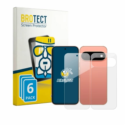 Parte frontal de un envase de producto con el logotipo de la marca BROTECT. Al lado se muestra el dispositivo Google Pixel 11 