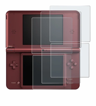 Imagen del dispositivo Nintendo DSi XL con una amplia variedad de protectores de pantalla.