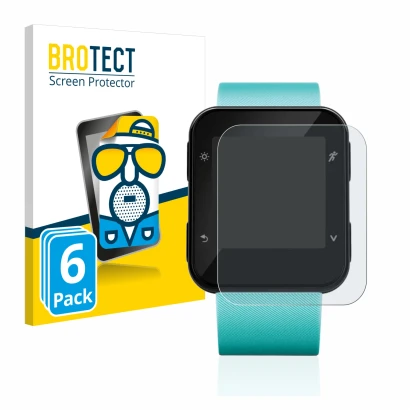 Parte frontal de un envase de producto con el logotipo de la marca BROTECT. Al lado se muestra el dispositivo Garmin Forerunne