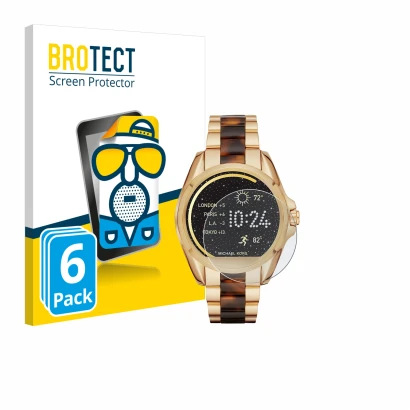 Parte frontal de un envase de producto con el logotipo de la marca BROTECT. Al lado se muestra el dispositivo Michael Kors Acc