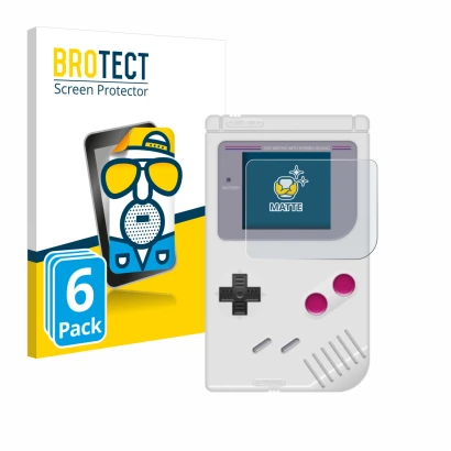 Parte frontal de un envase de producto con el logotipo de la marca BROTECT. Al lado se muestra el dispositivo Nintendo Gameboy