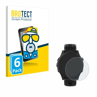 Parte frontal de un envase de producto con el logotipo de la marca BROTECT. Al lado se muestra el dispositivo Garmin Forerunne