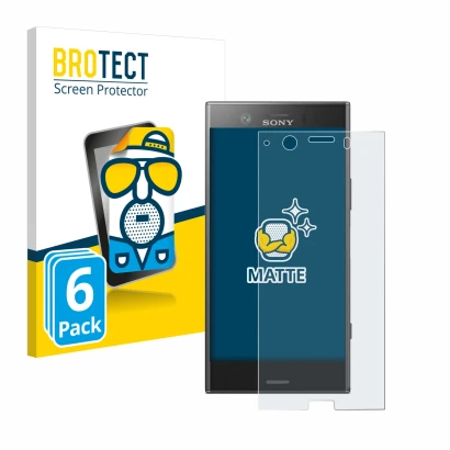 Parte frontal de un envase de producto con el logotipo de la marca BROTECT. Al lado se muestra el dispositivo Sony Xperia XZ1 