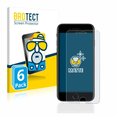 Parte frontal de un envase de producto con el logotipo de la marca BROTECT. Al lado se muestra el dispositivo Apple iPhone SE 