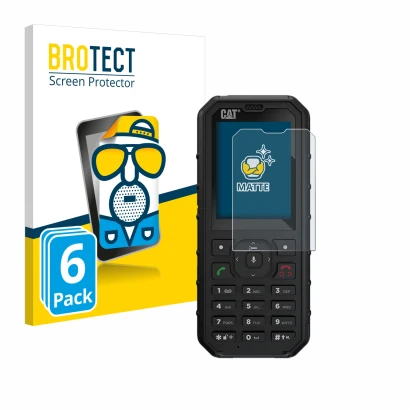 Parte frontal de un envase de producto con el logotipo de la marca BROTECT. Al lado se muestra el dispositivo Caterpillar Cat 