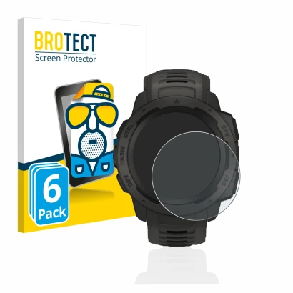 Parte frontal de un envase de producto con el logotipo de la marca BROTECT. Al lado se muestra el dispositivo Garmin Instinct 