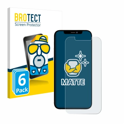 Parte frontal de un envase de producto con el logotipo de la marca BROTECT. Al lado se muestra el dispositivo Apple iPhone 12 