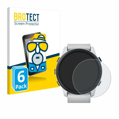 Parte frontal de un envase de producto con el logotipo de la marca BROTECT. Al lado se muestra el dispositivo Garmin Forerunne