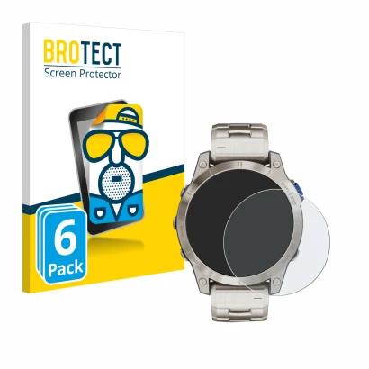 Parte frontal de un envase de producto con el logotipo de la marca BROTECT. Al lado se muestra el dispositivo Garmin D2 Mach 1