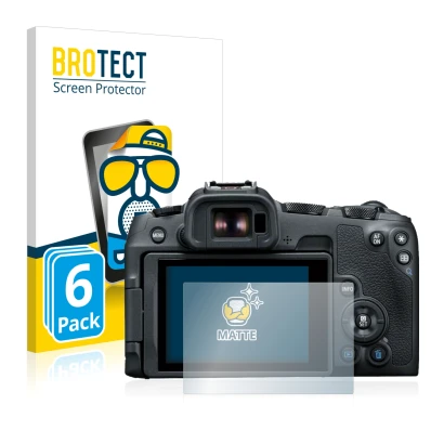 Parte frontal de un envase de producto con el logotipo de la marca BROTECT. Al lado se muestra el dispositivo Canon EOS R8 con