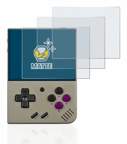 Imagen del dispositivo Miyoo Mini Plus con una amplia variedad de protectores de pantalla.