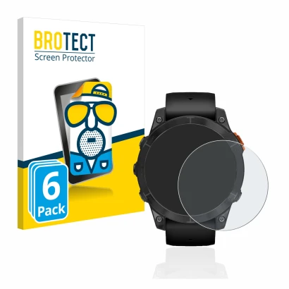 Parte frontal de un envase de producto con el logotipo de la marca BROTECT. Al lado se muestra el dispositivo Garmin Fenix 7 P