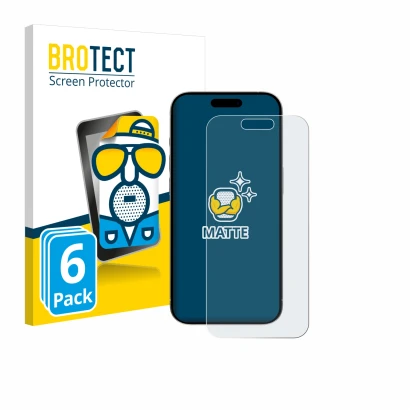 Parte frontal de un envase de producto con el logotipo de la marca BROTECT. Al lado se muestra el dispositivo Apple iPhone 15 