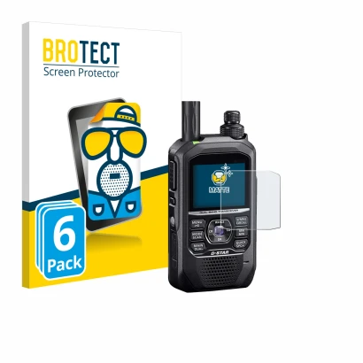 Parte frontal de un envase de producto con el logotipo de la marca BROTECT. Al lado se muestra el dispositivo Icom ID-50E con