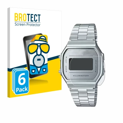 Parte frontal de un envase de producto con el logotipo de la marca BROTECT. Al lado se muestra el dispositivo Casio A168WEM-7E