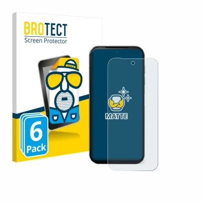 Parte frontal de un envase de producto con el logotipo de la marca BROTECT. Al lado se muestra el dispositivo Fairphone 5 con