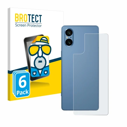 Parte frontal de un envase de producto con el logotipo de la marca BROTECT. Al lado se muestra el dispositivo Sony Xperia 5 V 