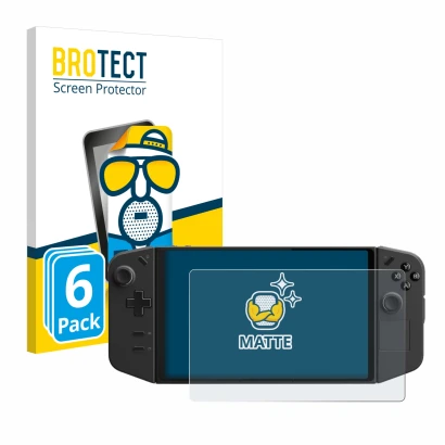 Parte frontal de un envase de producto con el logotipo de la marca BROTECT. Al lado se muestra el dispositivo Lenovo Legion Go