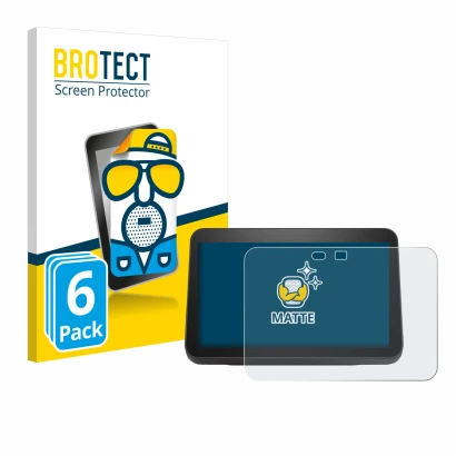 Parte frontal de un envase de producto con el logotipo de la marca BROTECT. Al lado se muestra el dispositivo Amazon Echo Show