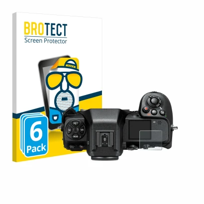 Parte frontal de un envase de producto con el logotipo de la marca BROTECT. Al lado se muestra el dispositivo Nikon Z 8 (panta