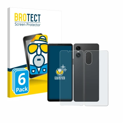 Parte frontal de un envase de producto con el logotipo de la marca BROTECT. Al lado se muestra el dispositivo Sony Xperia 10 V