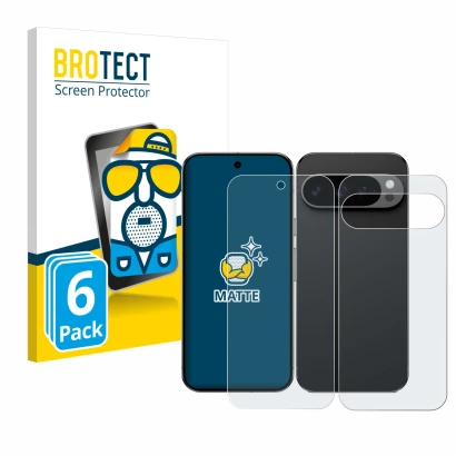 Parte frontal de un envase de producto con el logotipo de la marca BROTECT. Al lado se muestra el dispositivo Google Pixel 9 P