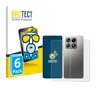 Parte frontal de un envase de producto con el logotipo de la marca BROTECT. Al lado se muestra el dispositivo Xiaomi 14T Pro (