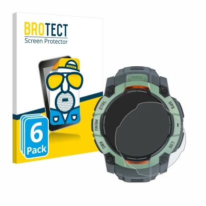 Parte frontal de un envase de producto con el logotipo de la marca BROTECT. Al lado se muestra el dispositivo Garmin Instinct