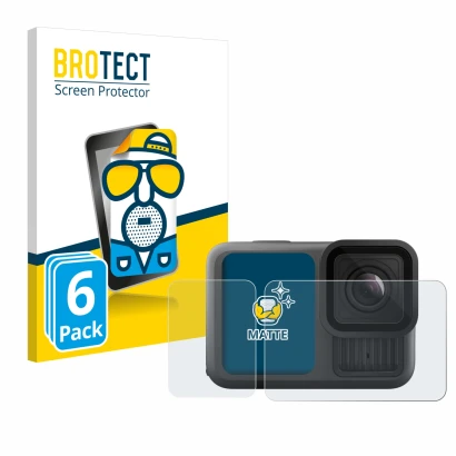 Parte frontal de un envase de producto con el logotipo de la marca BROTECT. Al lado se muestra el dispositivo GoPro Hero 13 Bl