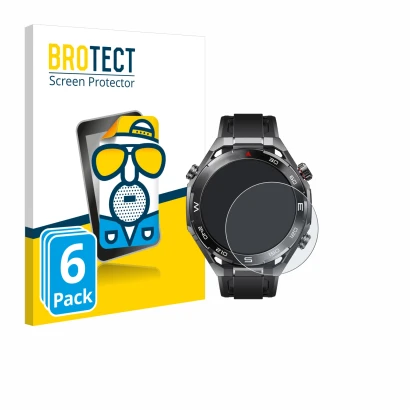 Parte frontal de un envase de producto con el logotipo de la marca BROTECT. Al lado se muestra el dispositivo Huawei Watch Ult