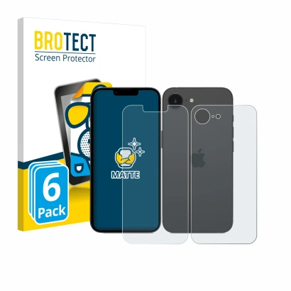 Parte frontal de un envase de producto con el logotipo de la marca BROTECT. Al lado se muestra el dispositivo Apple iPhone 17e