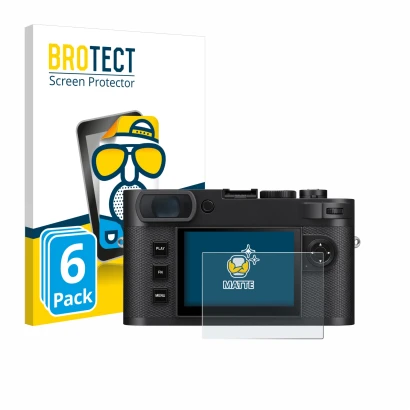 Parte frontal de un envase de producto con el logotipo de la marca BROTECT. Al lado se muestra el dispositivo Leica M EV1 con 