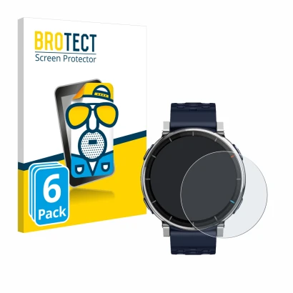 Parte frontal de un envase de producto con el logotipo de la marca BROTECT. Al lado se muestra el dispositivo Amazfit Active 3