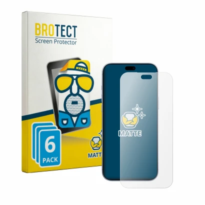 Parte frontal de un envase de producto con el logotipo de la marca BROTECT. Al lado se muestra el dispositivo Apple iPhone 18