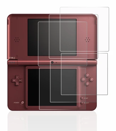Imagen del dispositivo Nintendo DSi XL con una amplia variedad de protectores de pantalla.