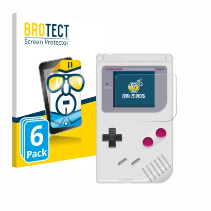 Parte frontal de un envase de producto con el logotipo de la marca BROTECT. Al lado se muestra el dispositivo Nintendo Gameboy