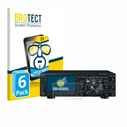 Parte frontal de un envase de producto con el logotipo de la marca BROTECT. Al lado se muestra el dispositivo Yaesu FT-DX101D 