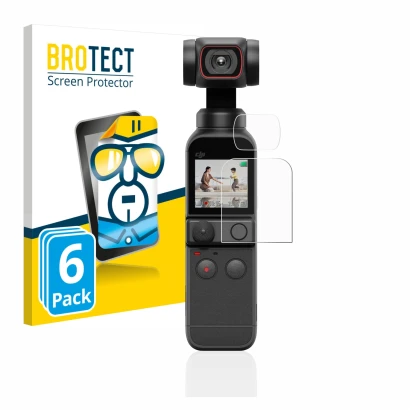 Parte frontal de un envase de producto con el logotipo de la marca BROTECT. Al lado se muestra el dispositivo DJI Osmo Pocket 