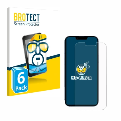 Parte frontal de un envase de producto con el logotipo de la marca BROTECT. Al lado se muestra el dispositivo Apple iPhone 13