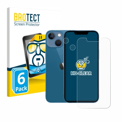 Parte frontal de un envase de producto con el logotipo de la marca BROTECT. Al lado se muestra el dispositivo Apple iPhone 13 