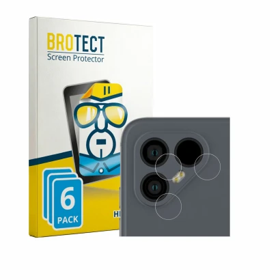Parte frontal de un envase de producto con el logotipo de la marca BROTECT. Al lado se muestra el dispositivo Fairphone 4 (SÓL