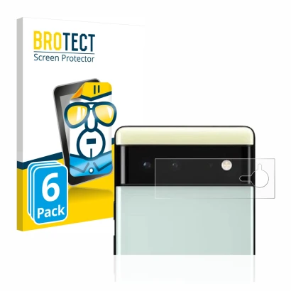 Parte frontal de un envase de producto con el logotipo de la marca BROTECT. Al lado se muestra el dispositivo Google Pixel 6 (