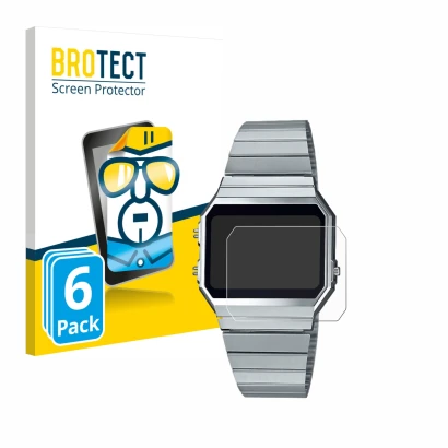 Parte frontal de un envase de producto con el logotipo de la marca BROTECT. Al lado se muestra el dispositivo Casio A700WE con